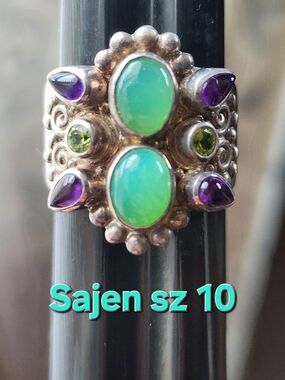 Sajen Green Opal & Amethyst Sterling Silver Statement Ring (Size 10) Chunky